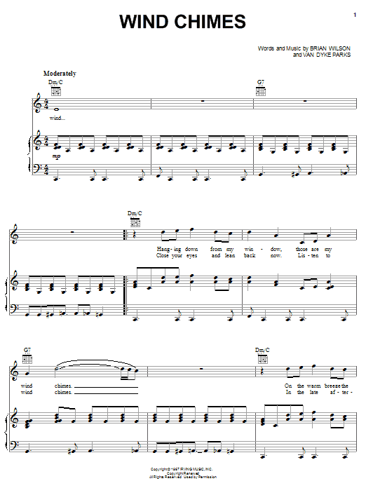 Preview Brian Wilson Wind Chimes Rock sheet music, notes and chords for Piano, Vocal & Guitar (Right-Hand Melody), SKU: 50143 Wind Chimes sheet music