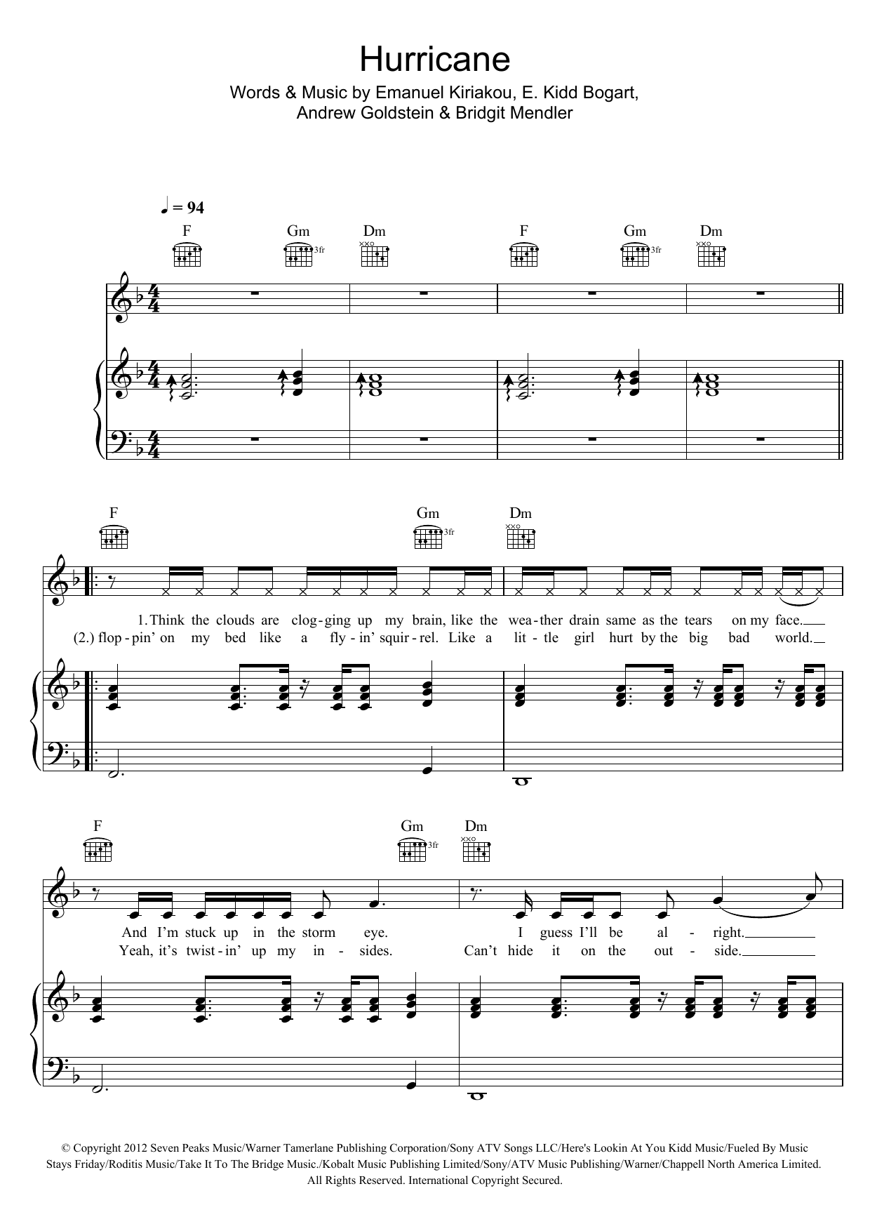 Bridgit Mendler Hurricane Sheet Music Notes & Chords for Piano, Vocal & Guitar (Right-Hand Melody) - Download or Print PDF