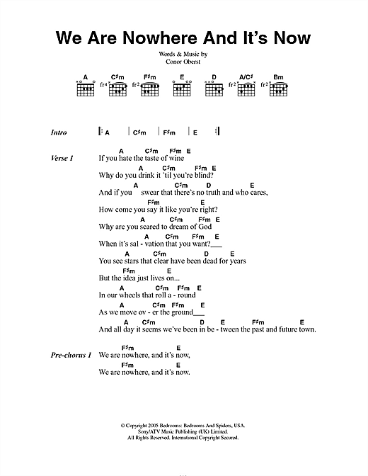 Bright Eyes We Are Nowhere And It's Now Sheet Music Notes & Chords for Lyrics & Chords - Download or Print PDF