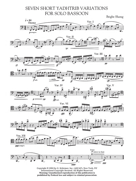 Bright Sheng Seven Short Yadhtrib Variations Sheet Music Notes & Chords for Bassoon - Download or Print PDF