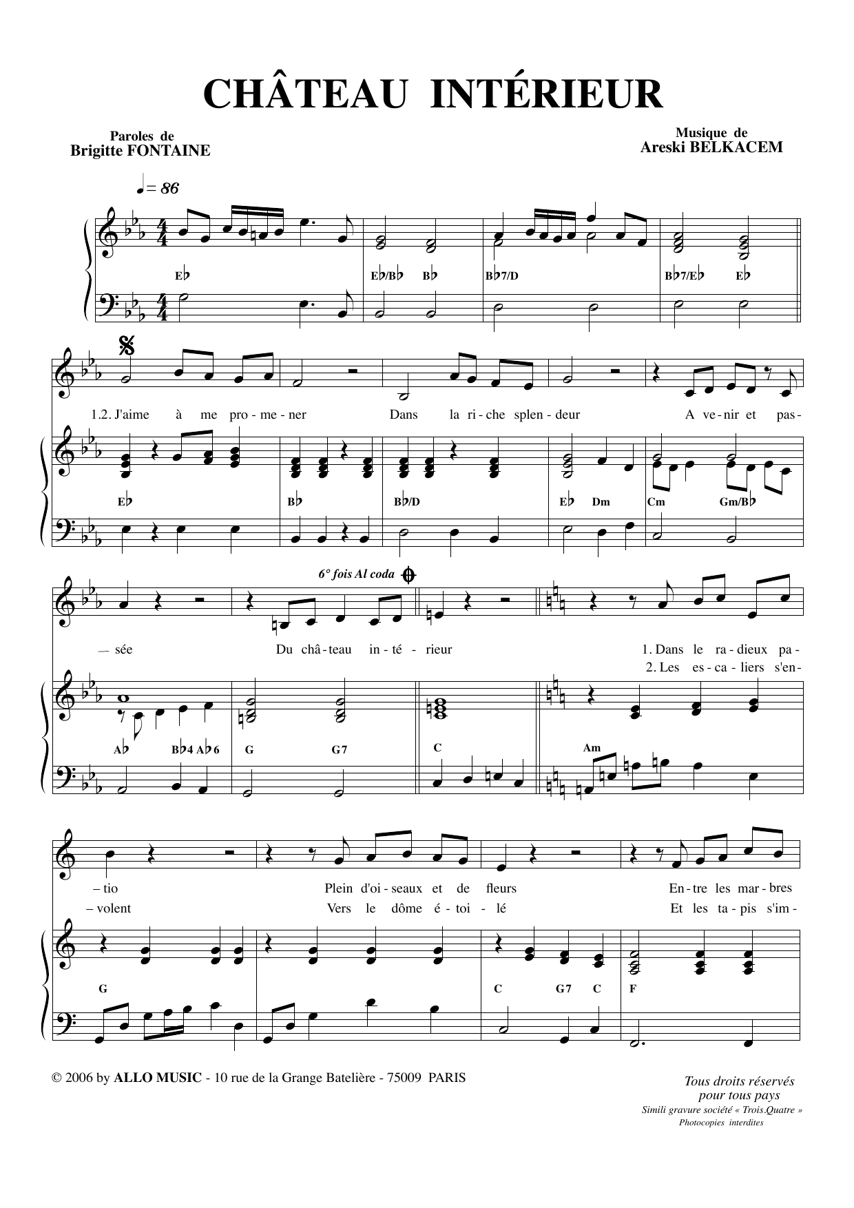 Brigitte Fontaine & Areski Belkacem Chateau intérieur Sheet Music Notes & Chords for Piano & Vocal - Download or Print PDF