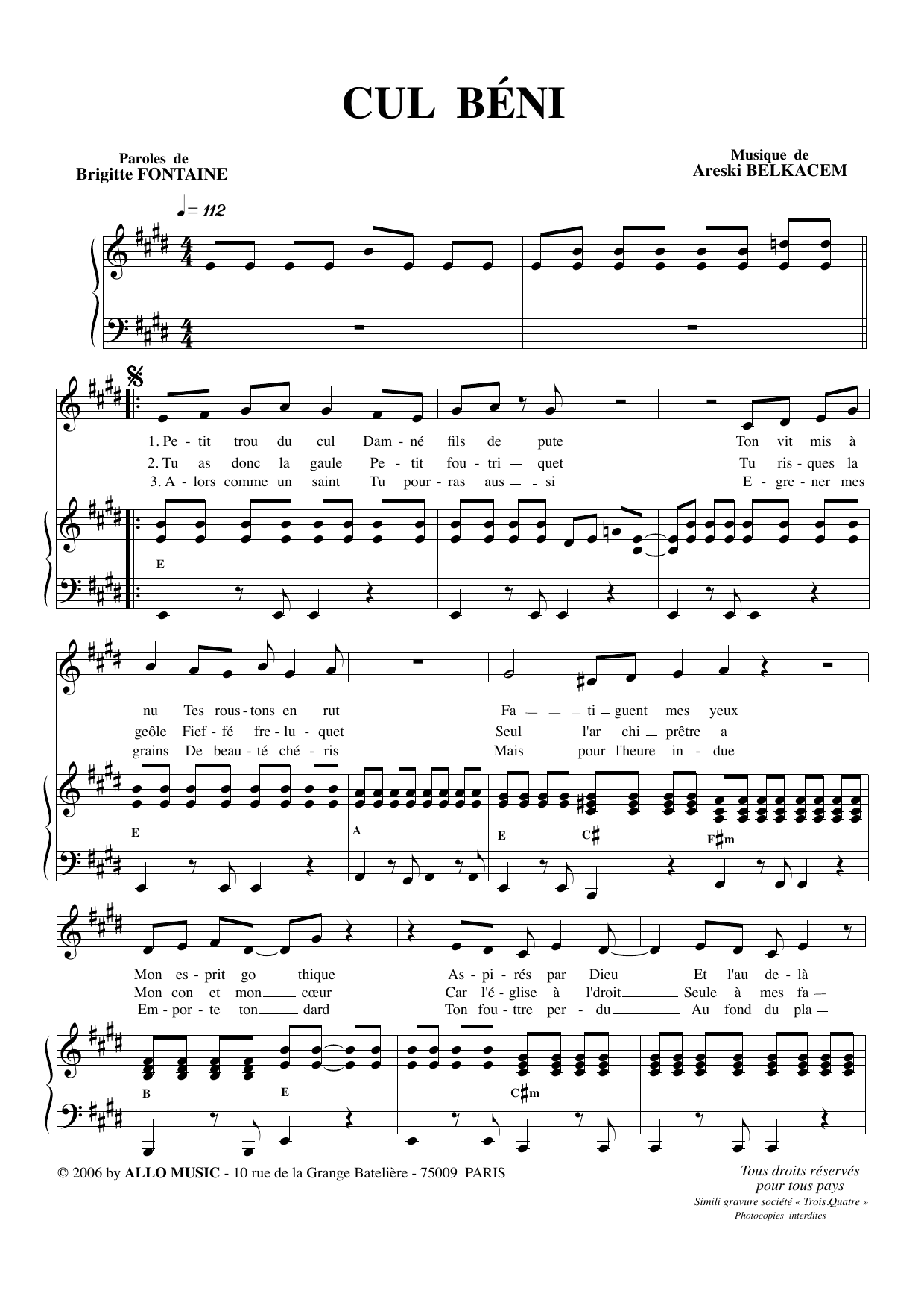 Brigitte Fontaine & Areski Belkacem Cul Beni Sheet Music Notes & Chords for Piano & Vocal - Download or Print PDF