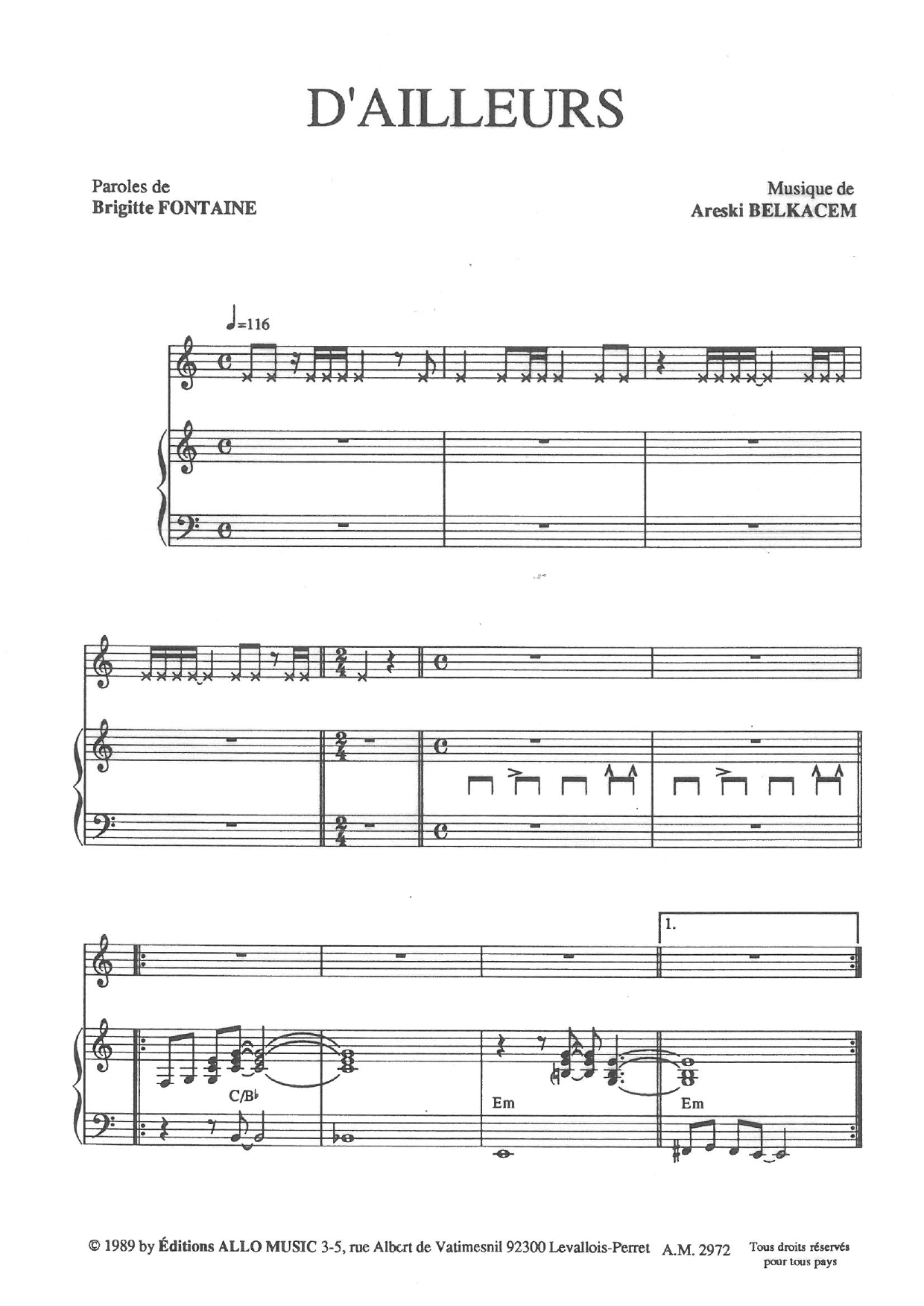 Brigitte Fontaine & Areski Belkacem D'ailleurs Sheet Music Notes & Chords for Piano & Vocal - Download or Print PDF