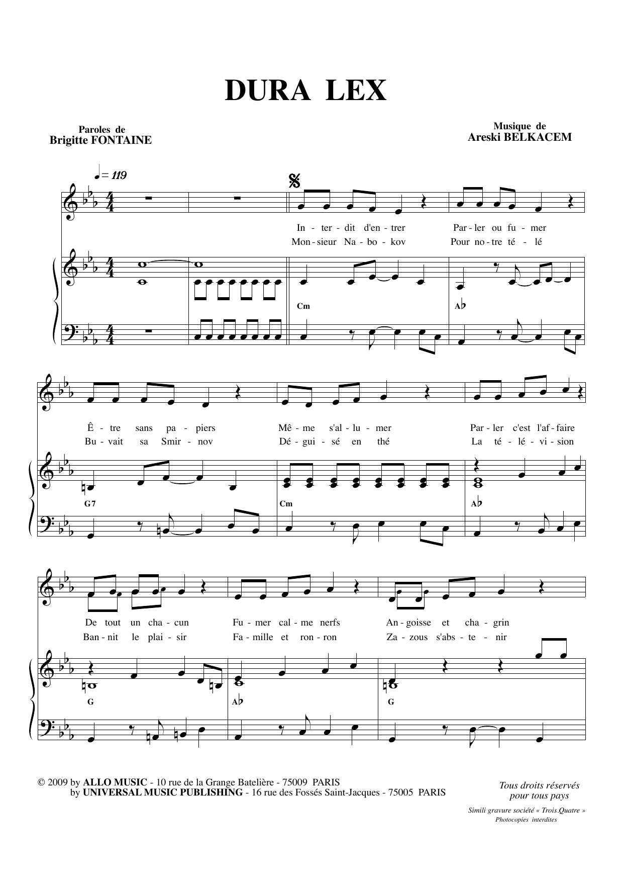 Brigitte Fontaine & Areski Belkacem Dura Lex Sheet Music Notes & Chords for Piano & Vocal - Download or Print PDF