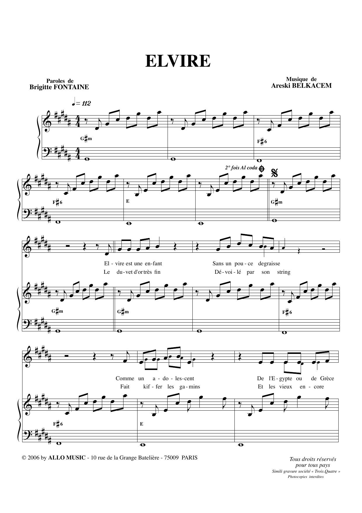 Brigitte Fontaine & Areski Belkacem Elvire Sheet Music Notes & Chords for Piano & Vocal - Download or Print PDF
