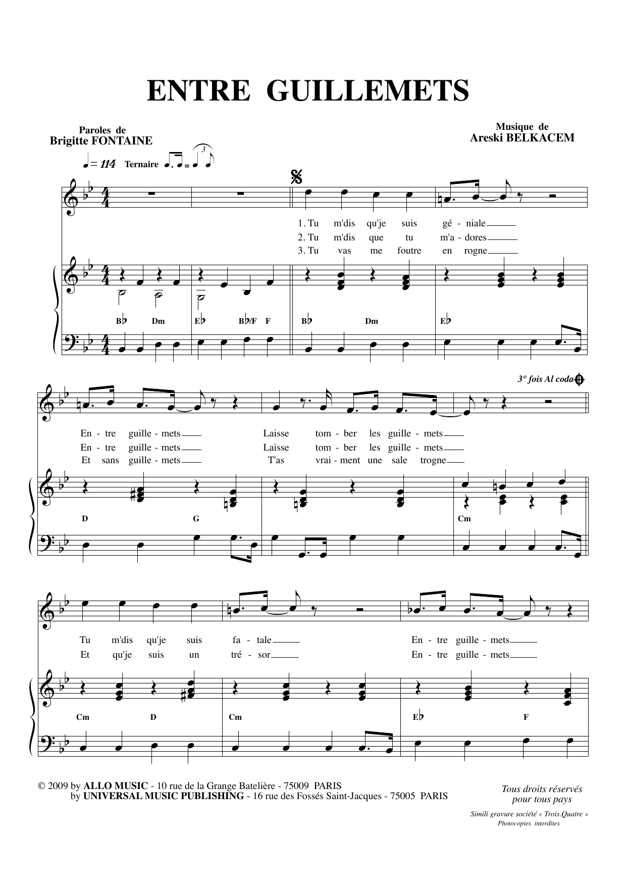 Brigitte Fontaine & Areski Belkacem Entre Guillemets Sheet Music Notes & Chords for Piano & Vocal - Download or Print PDF