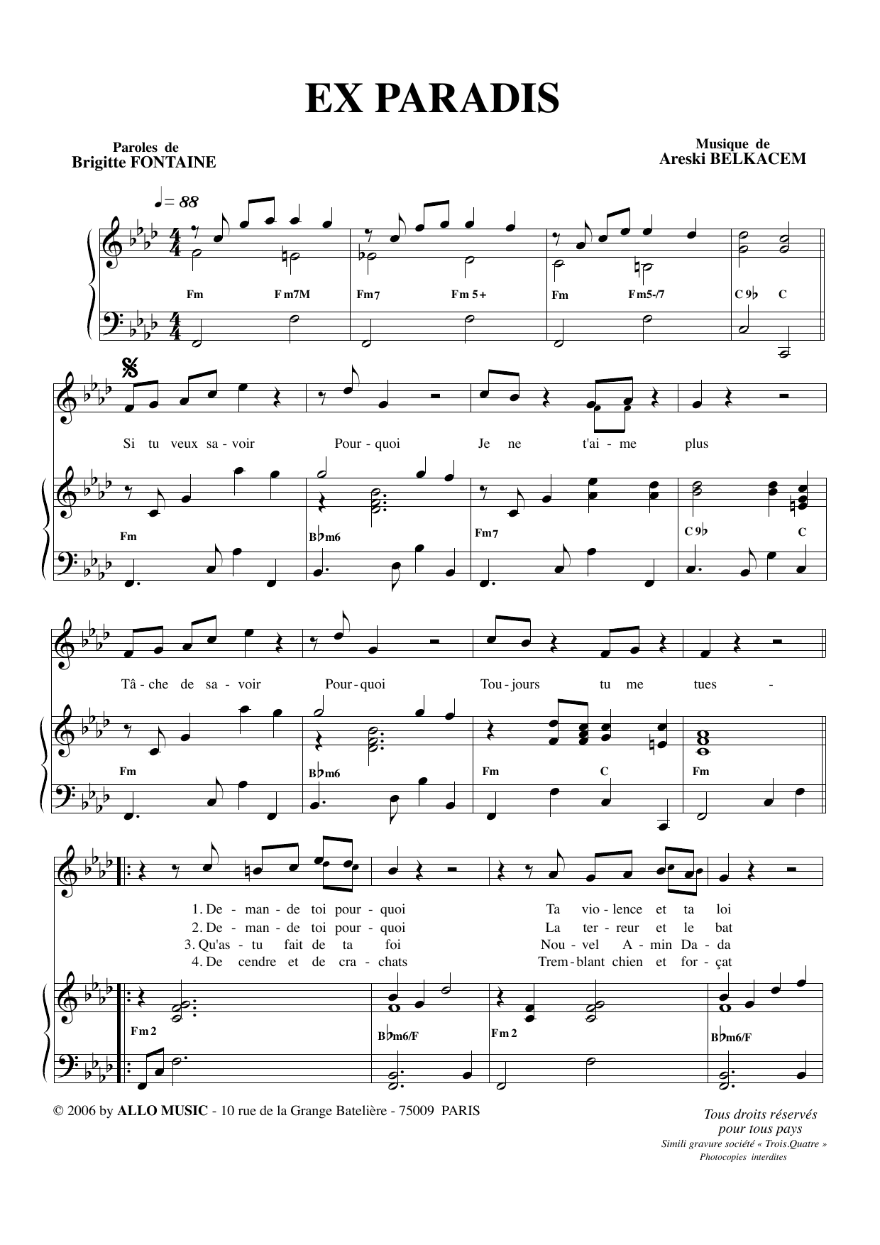 Brigitte Fontaine & Areski Belkacem Exparadis Sheet Music Notes & Chords for Piano & Vocal - Download or Print PDF