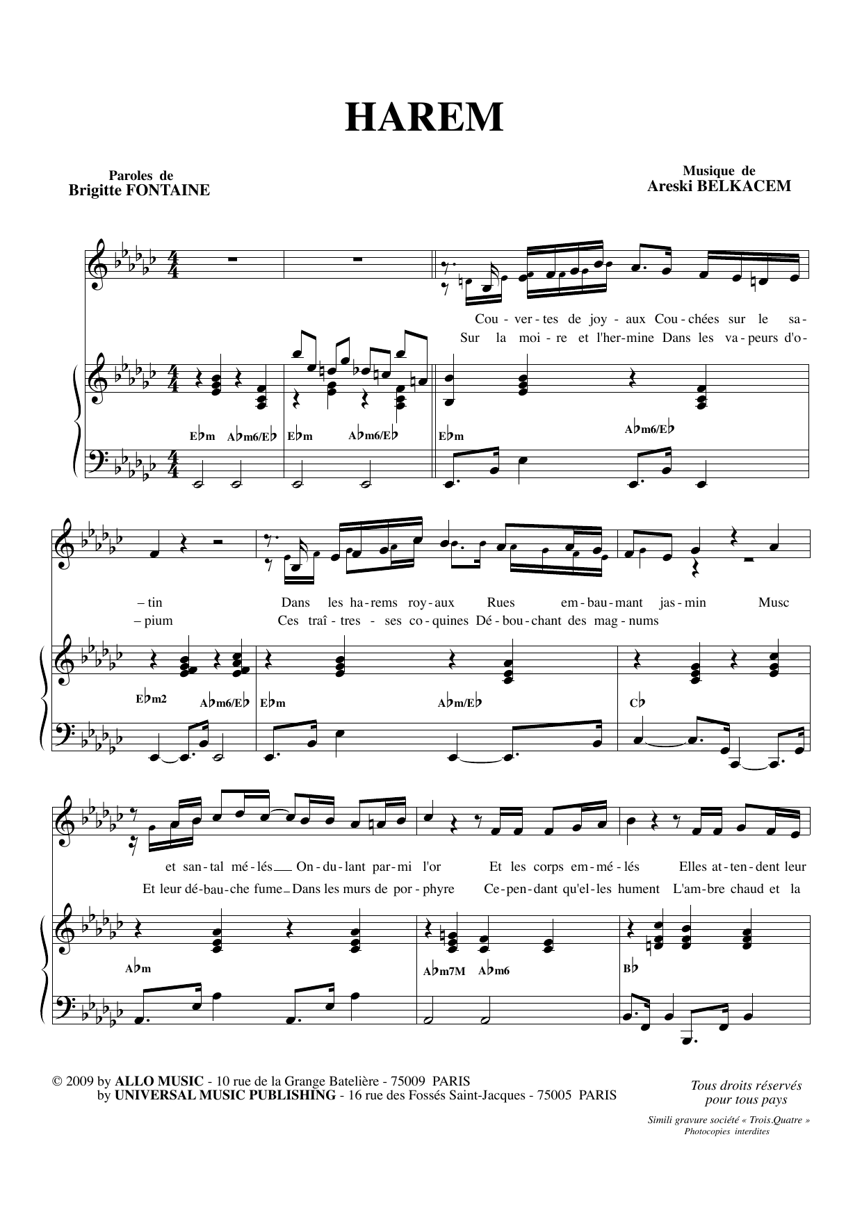 Brigitte Fontaine & Areski Belkacem Harem Sheet Music Notes & Chords for Piano & Vocal - Download or Print PDF