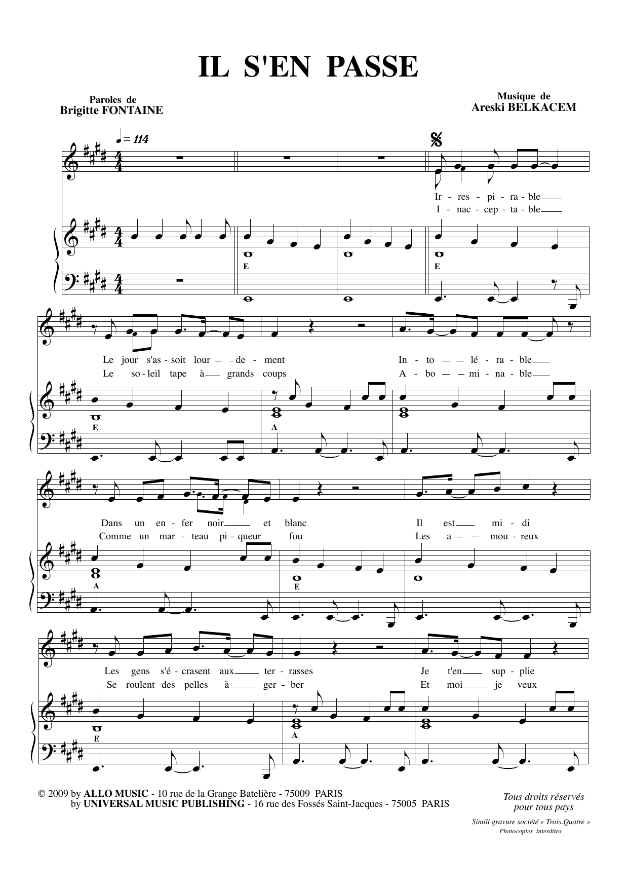 Brigitte Fontaine & Areski Belkacem Il Se Mele A Tout Ca Sheet Music Notes & Chords for Piano & Vocal - Download or Print PDF