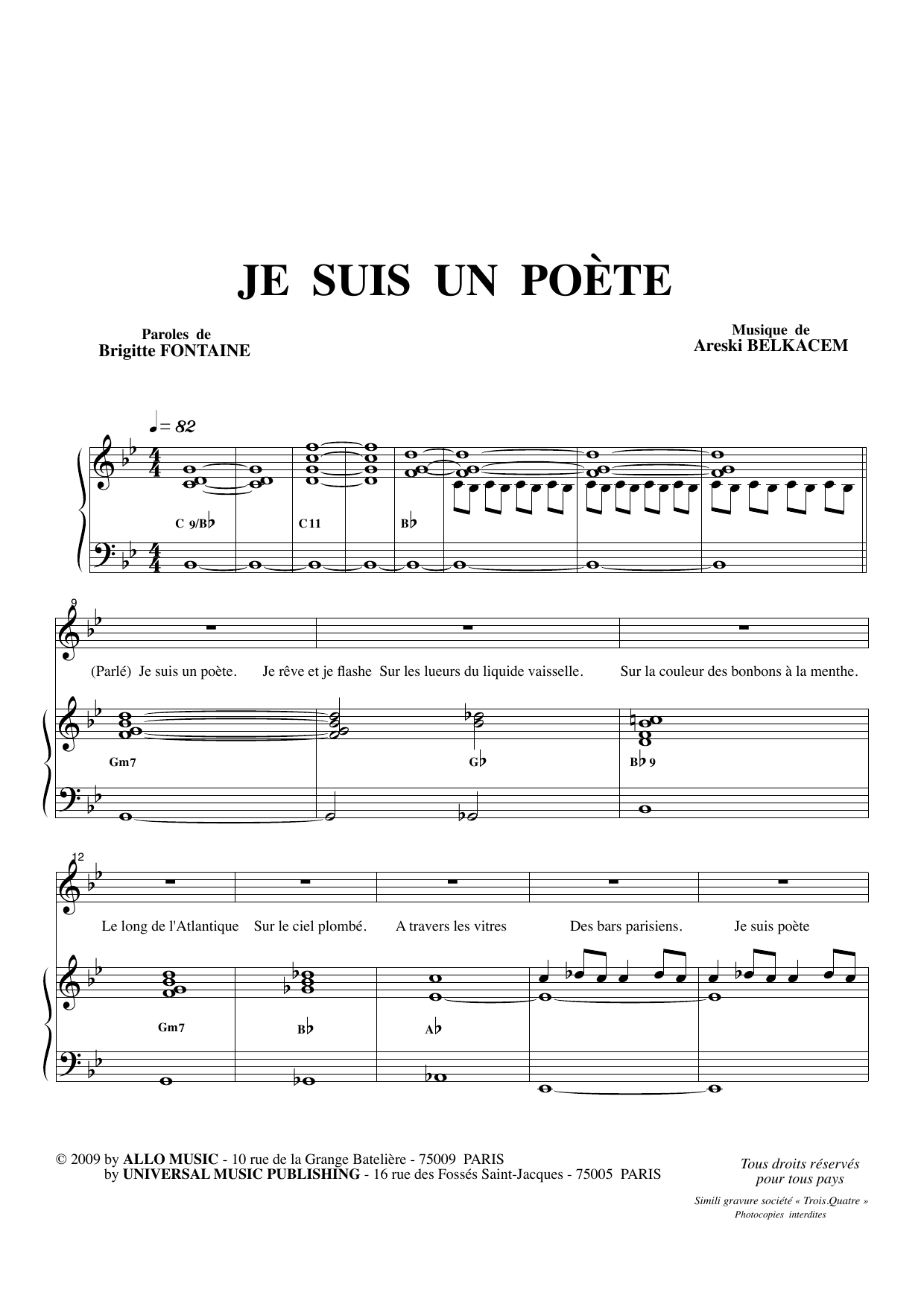 Brigitte Fontaine & Areski Belkacem Je Suis Un Poète Sheet Music Notes & Chords for Piano & Vocal - Download or Print PDF