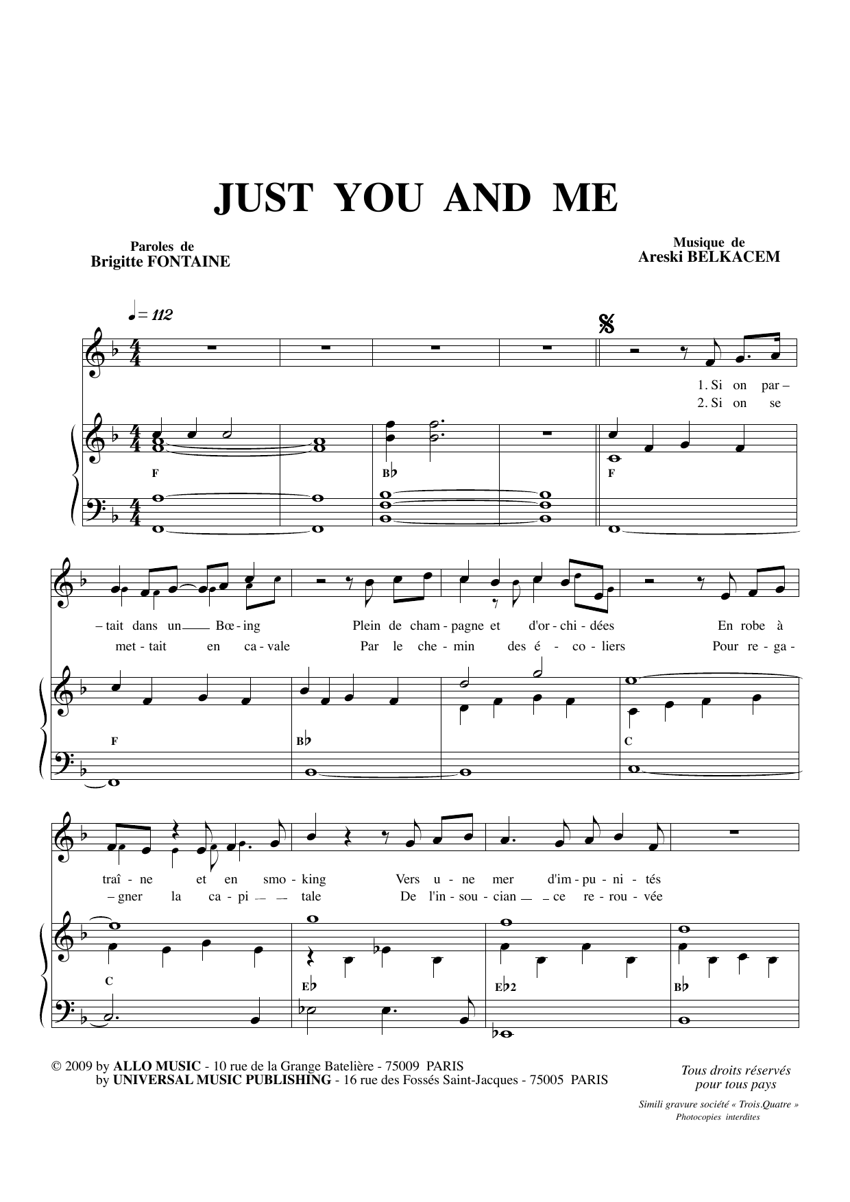 Brigitte Fontaine & Areski Belkacem Just You And Me Sheet Music Notes & Chords for Piano & Vocal - Download or Print PDF
