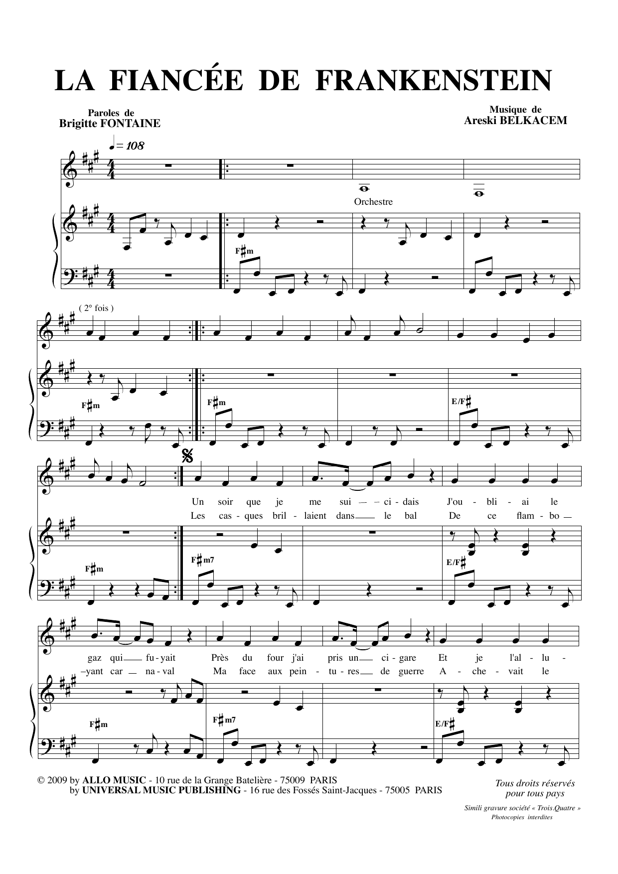 Brigitte Fontaine & Areski Belkacem La Fiancée de Frankenstein Sheet Music Notes & Chords for Piano & Vocal - Download or Print PDF