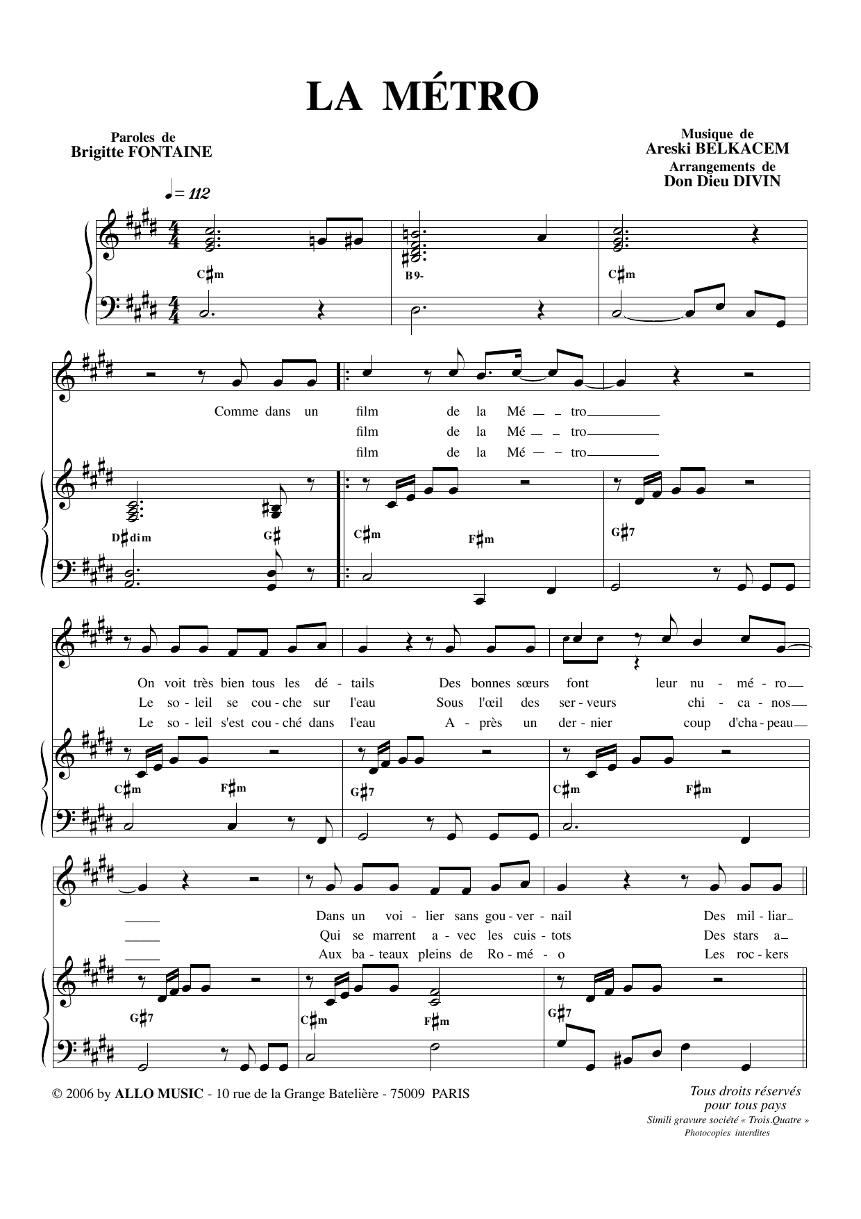 Brigitte Fontaine & Areski Belkacem La Métro (arr. Don Dieu Divin) Sheet Music Notes & Chords for Piano & Vocal - Download or Print PDF