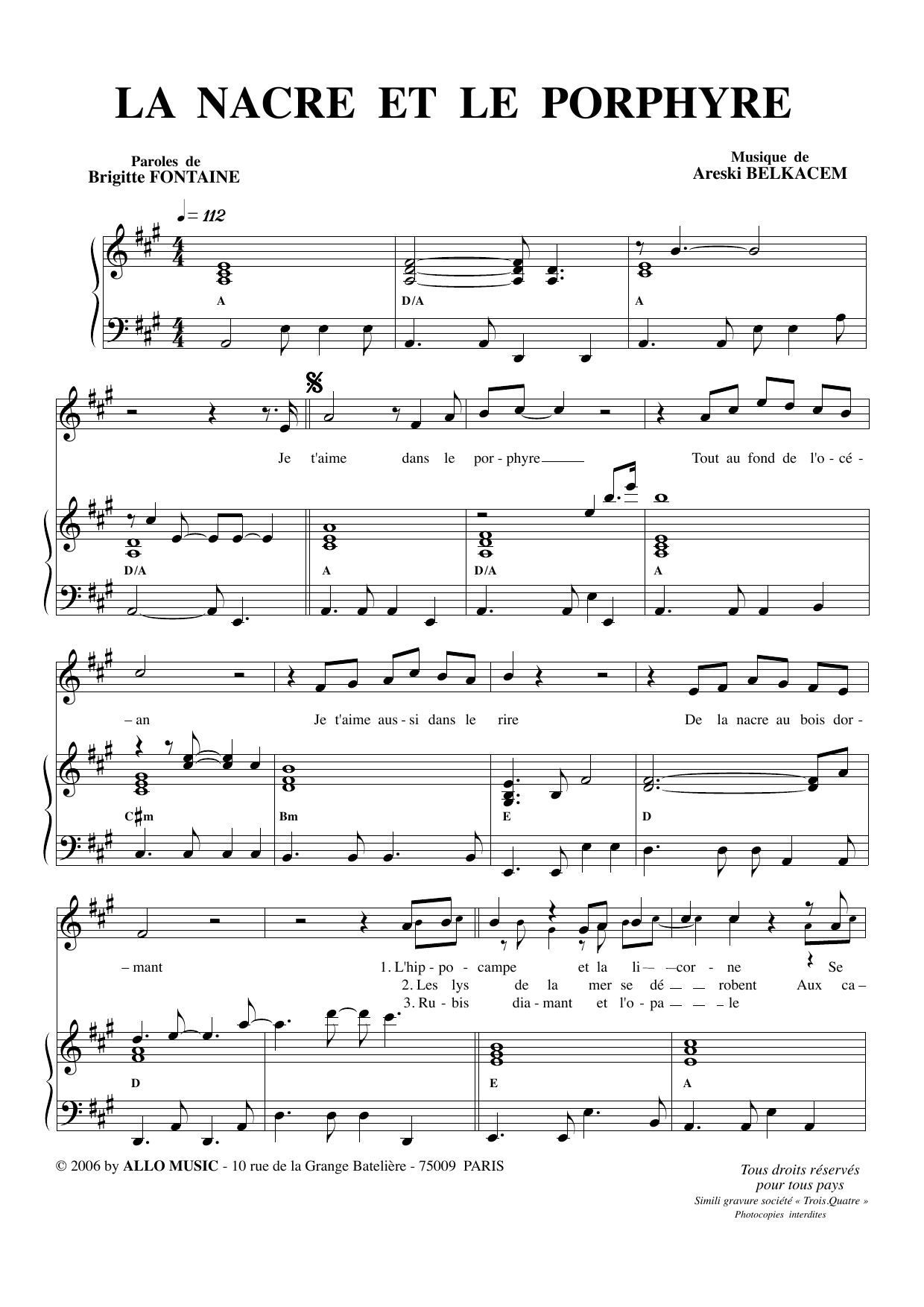 Brigitte Fontaine & Areski Belkacem La Nacre Et Le Porphyre Sheet Music Notes & Chords for Piano & Vocal - Download or Print PDF