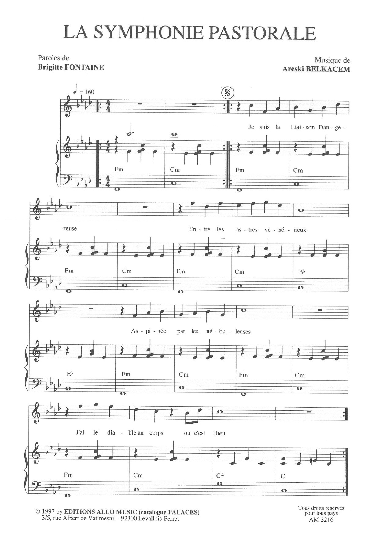 Brigitte Fontaine & Areski Belkacem La Symphonie Pastorale Sheet Music Notes & Chords for Piano & Vocal - Download or Print PDF