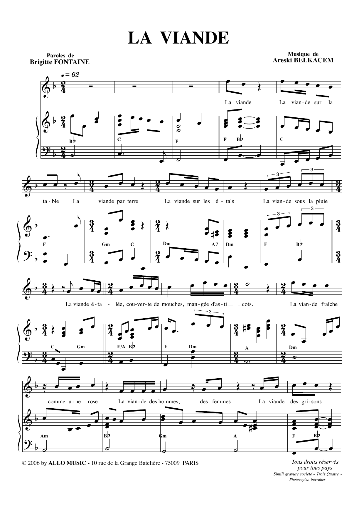 Brigitte Fontaine & Areski Belkacem La Viande Sheet Music Notes & Chords for Piano & Vocal - Download or Print PDF