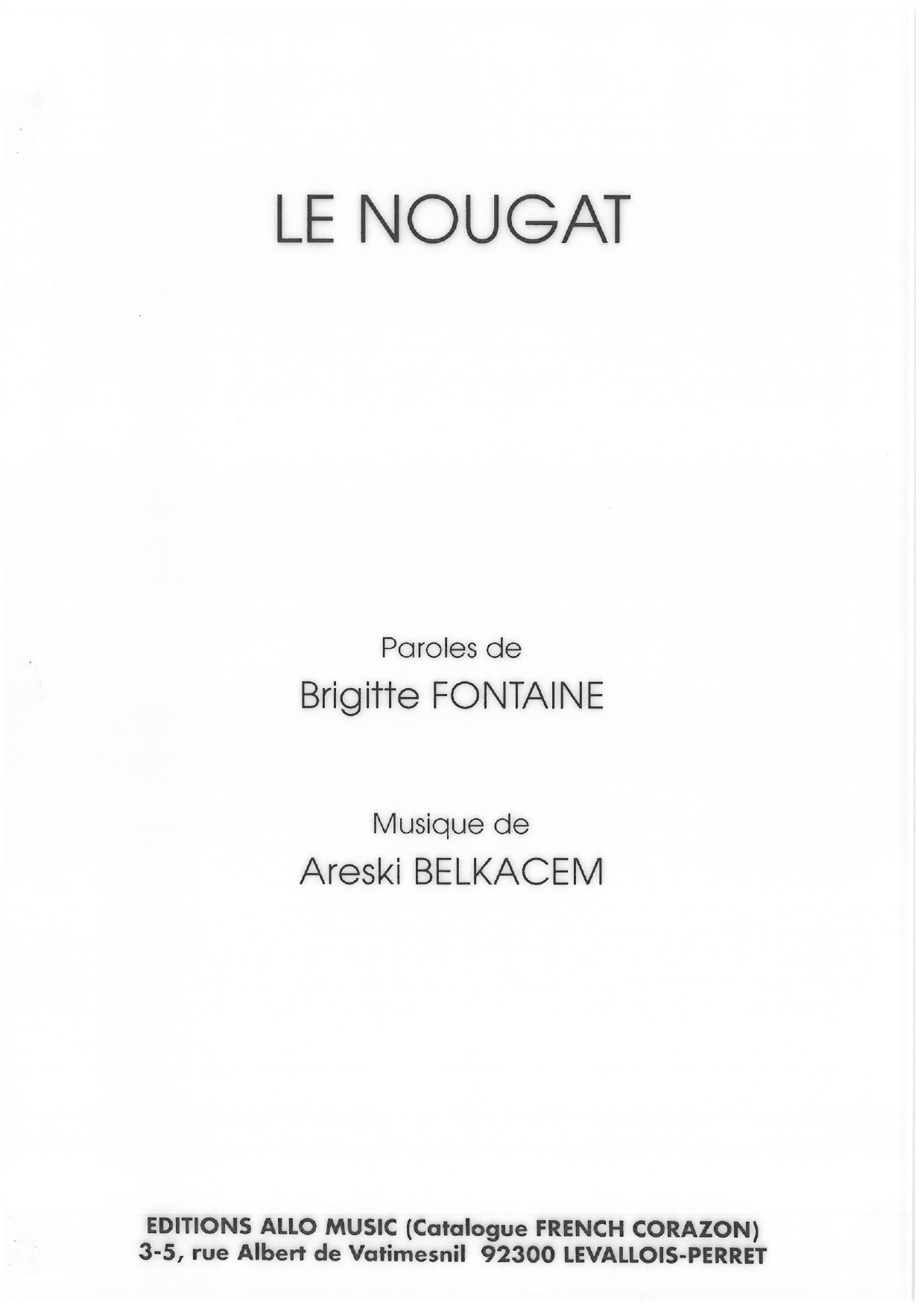 Brigitte Fontaine & Areski Belkacem Le Nougat Sheet Music Notes & Chords for Piano & Vocal - Download or Print PDF