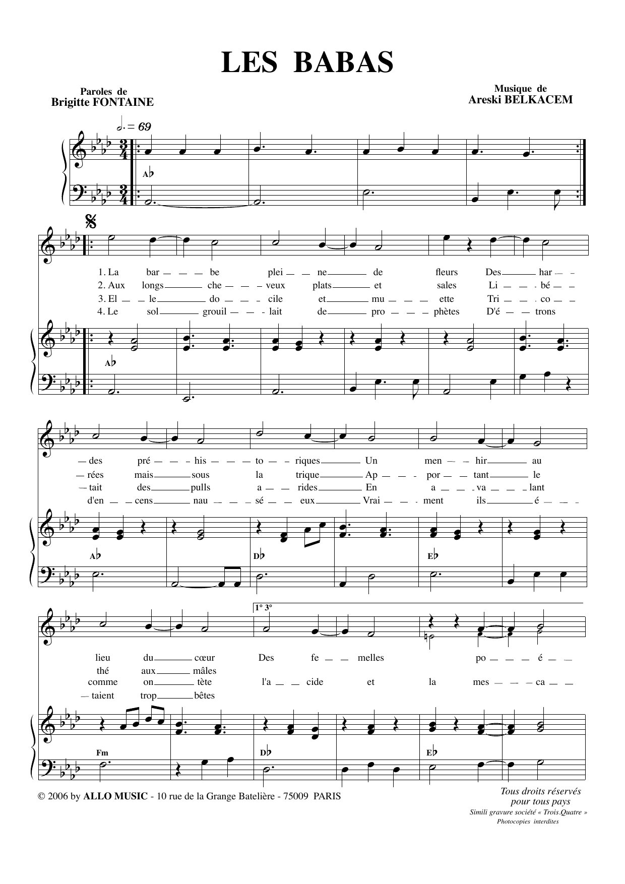 Brigitte Fontaine & Areski Belkacem Les Babas Sheet Music Notes & Chords for Piano & Vocal - Download or Print PDF