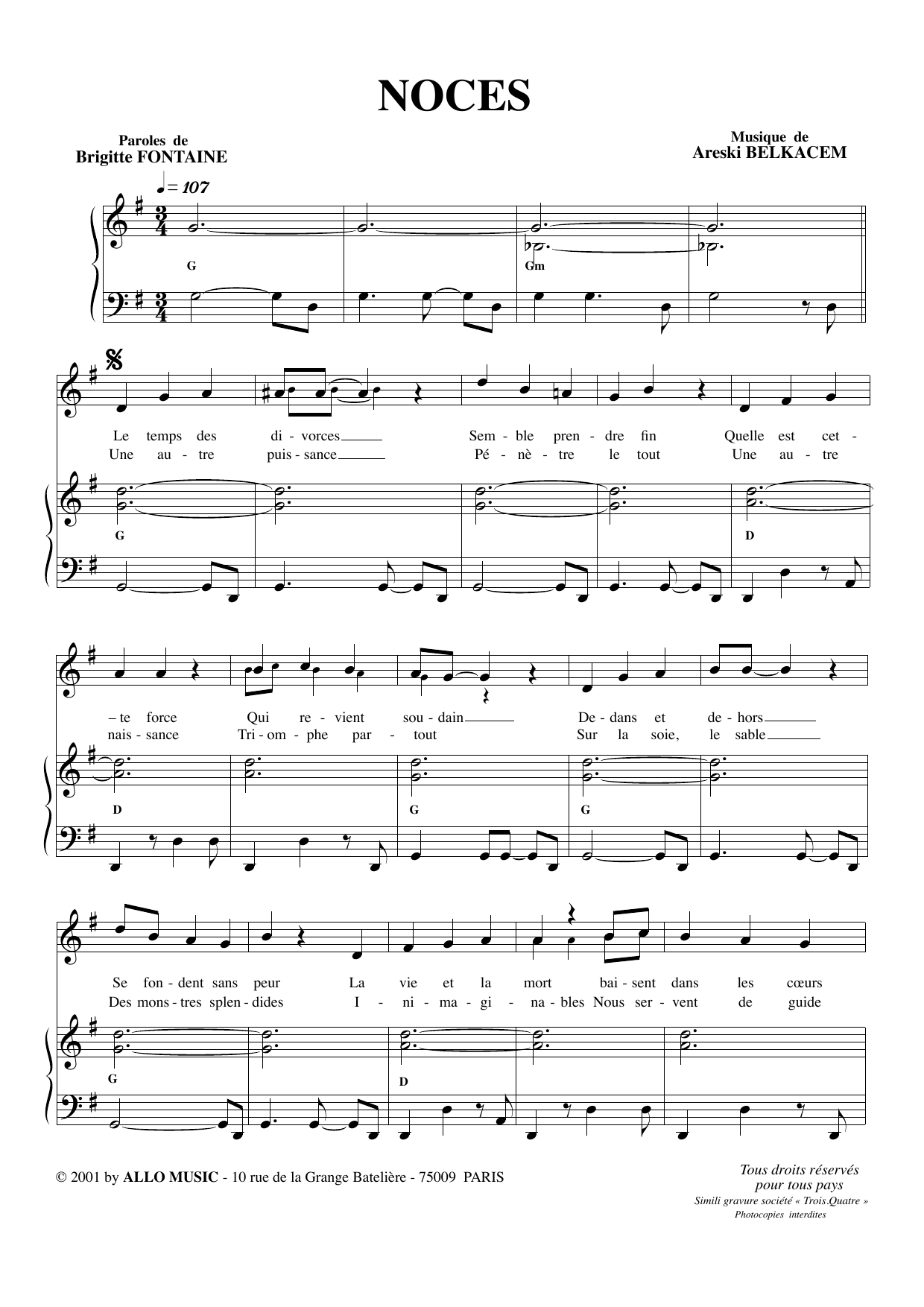Brigitte Fontaine & Areski Belkacem Noces Sheet Music Notes & Chords for Piano & Vocal - Download or Print PDF