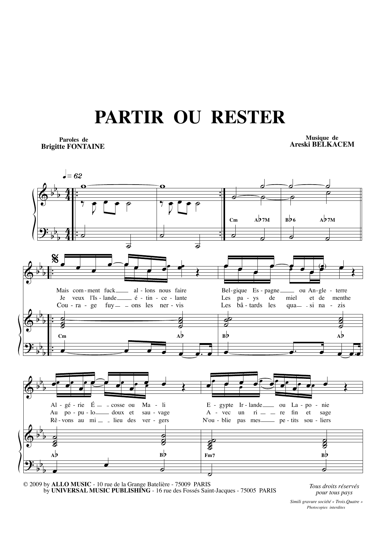Brigitte Fontaine & Areski Belkacem Partir Ou Rester Sheet Music Notes & Chords for Piano & Vocal - Download or Print PDF