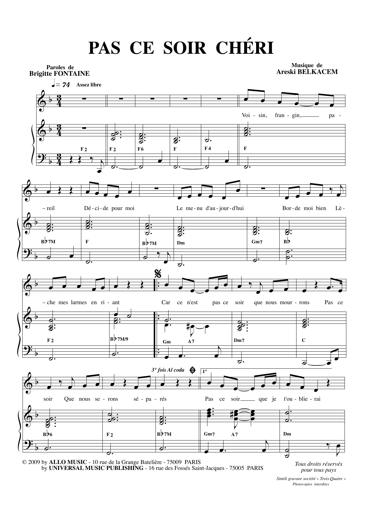 Brigitte Fontaine & Areski Belkacem Pas Ce Soir Chéri Sheet Music Notes & Chords for Piano & Vocal - Download or Print PDF