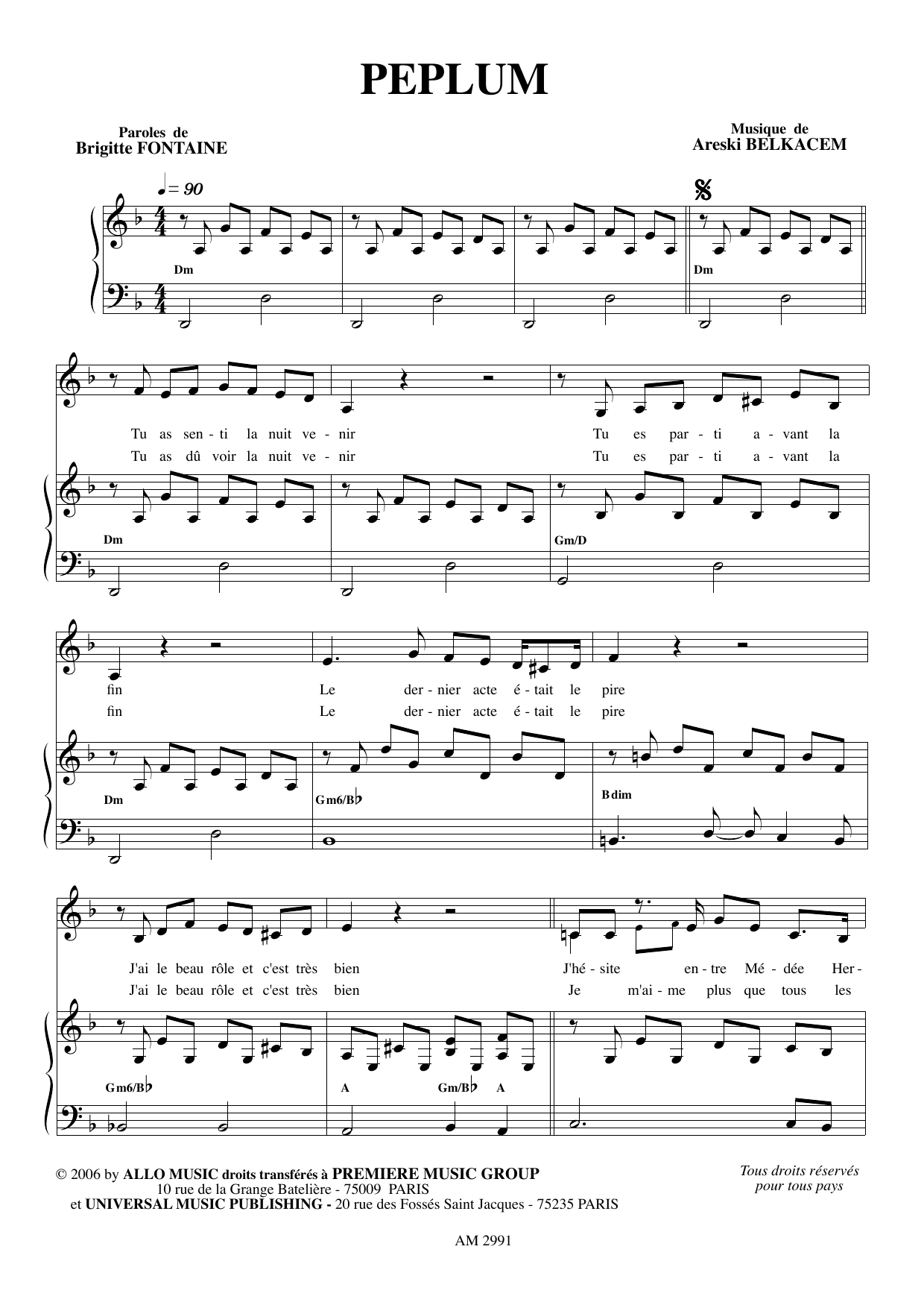 Brigitte Fontaine & Areski Belkacem Peplum Sheet Music Notes & Chords for Piano & Vocal - Download or Print PDF