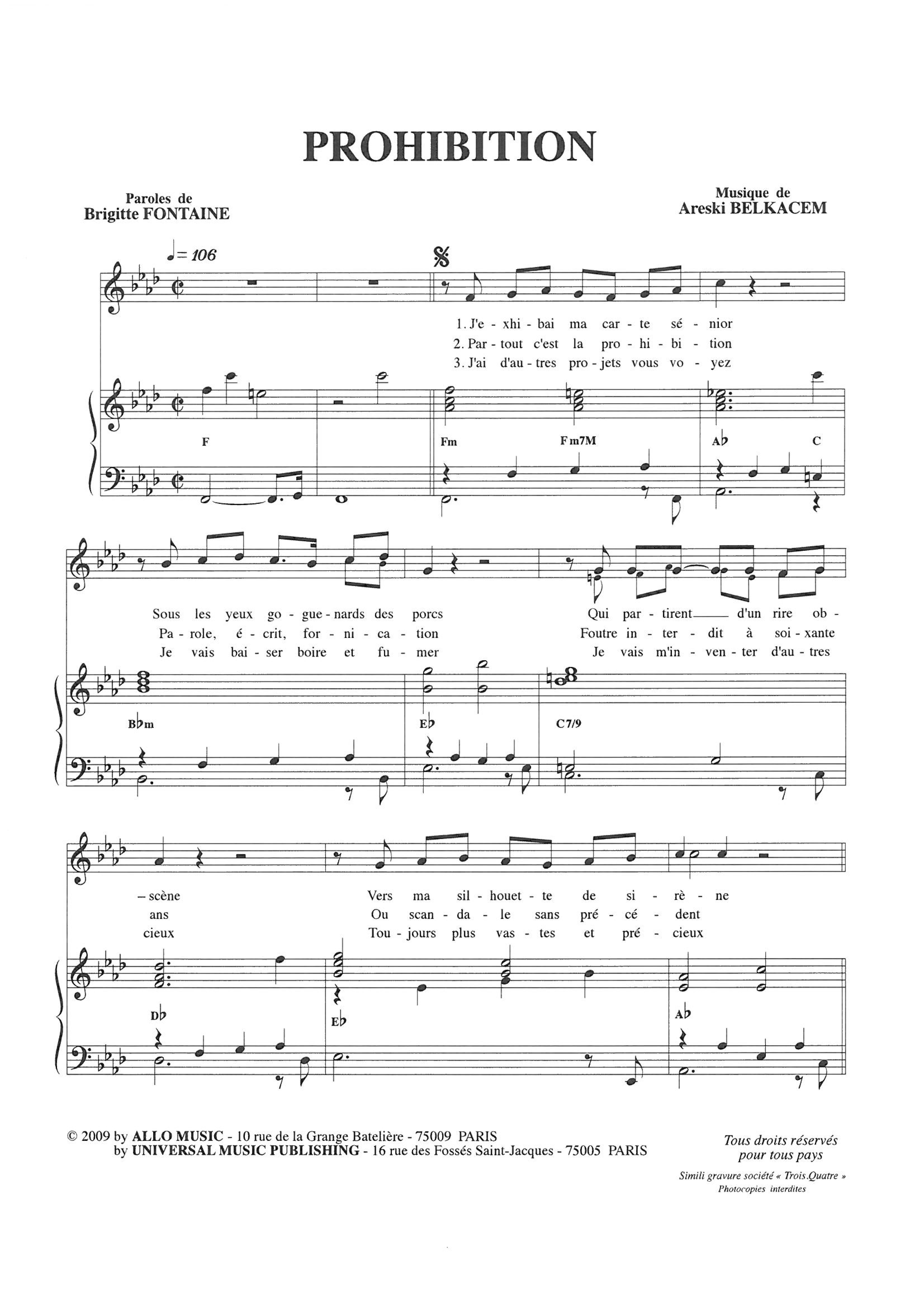Brigitte Fontaine & Areski Belkacem Prohibition Sheet Music Notes & Chords for Piano & Vocal - Download or Print PDF