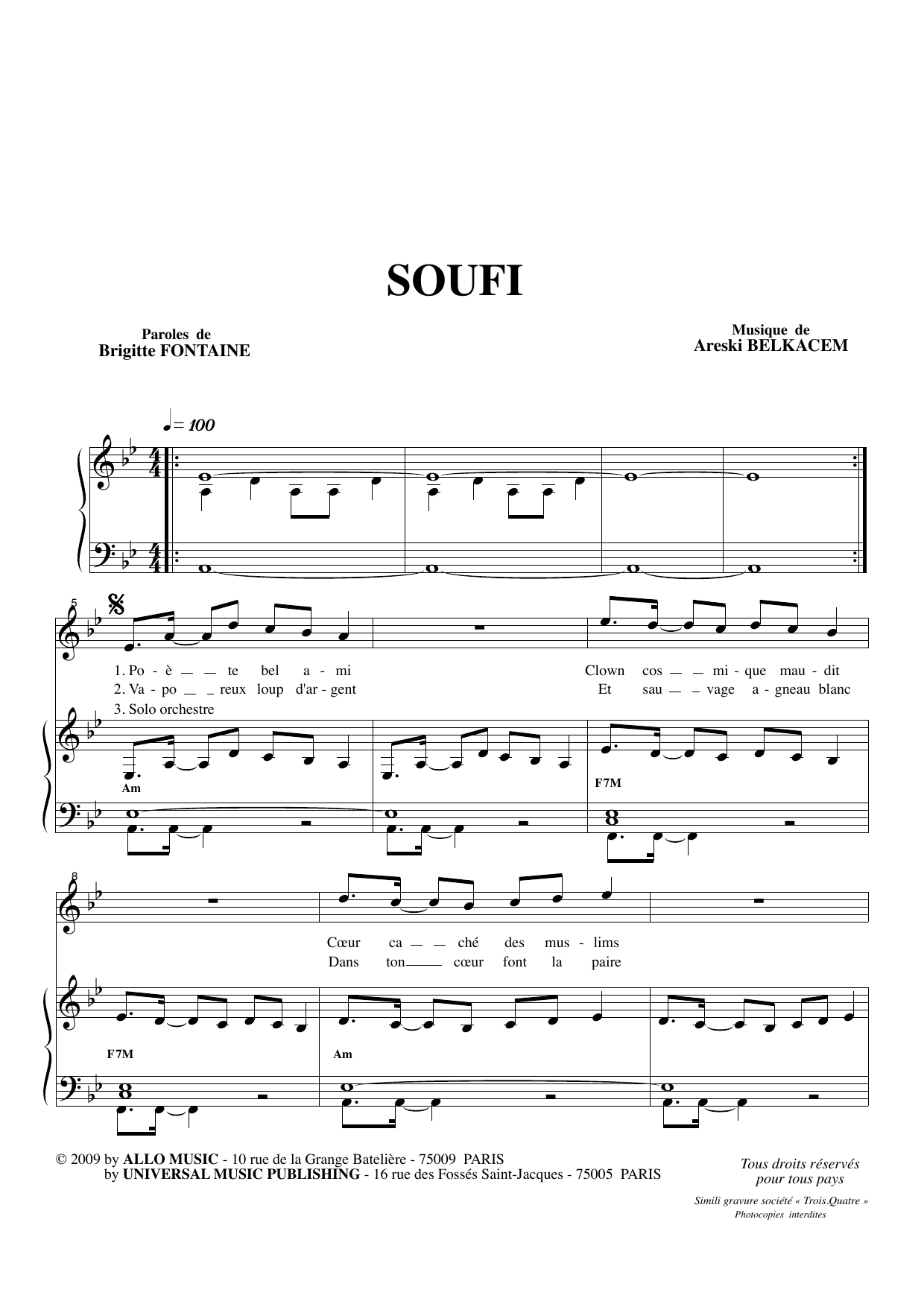 Brigitte Fontaine & Areski Belkacem Soufi Sheet Music Notes & Chords for Piano & Vocal - Download or Print PDF