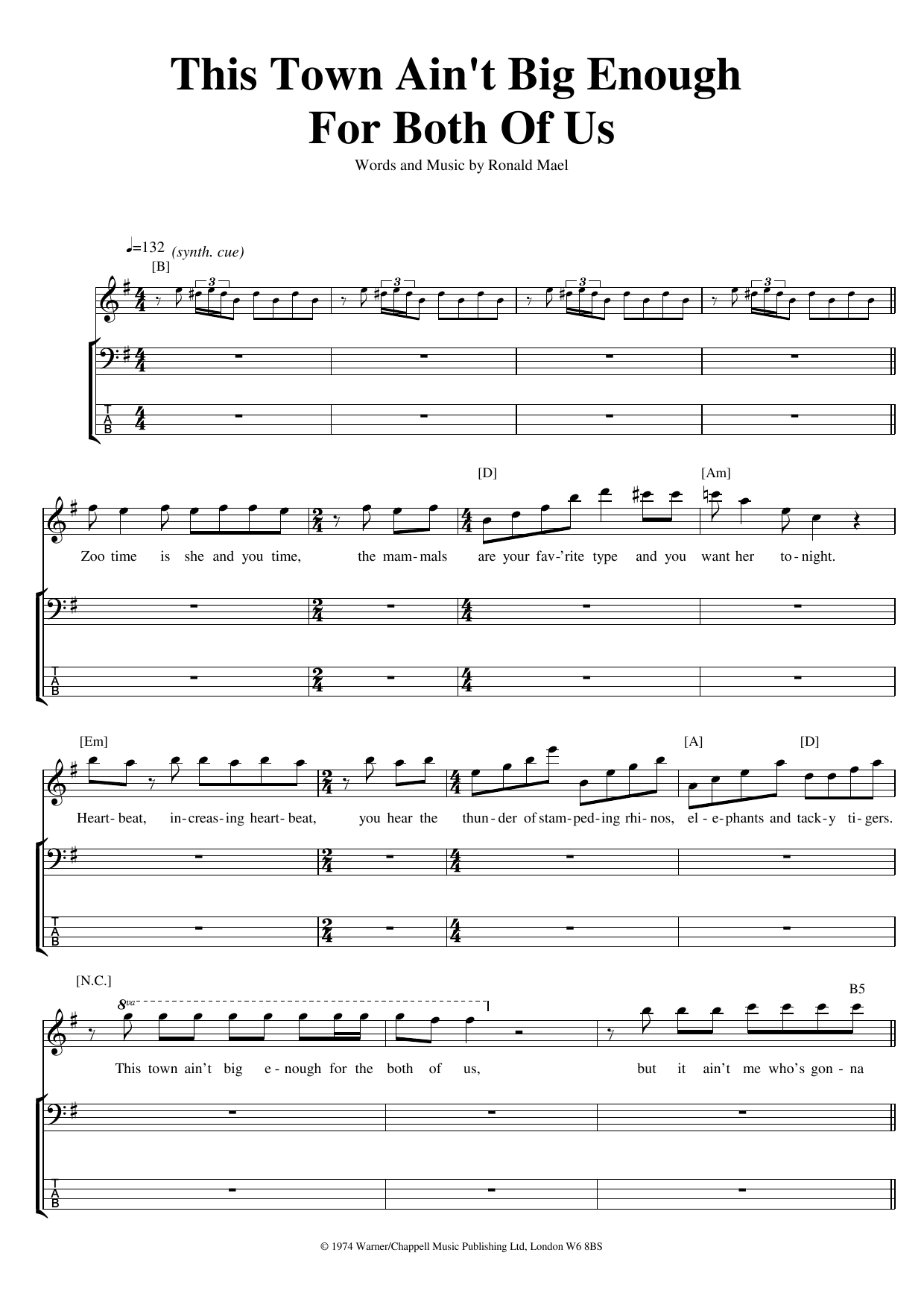 British Whale This Town Ain't Big Enough For Both Of Us Sheet Music Notes & Chords for Bass Guitar Tab - Download or Print PDF
