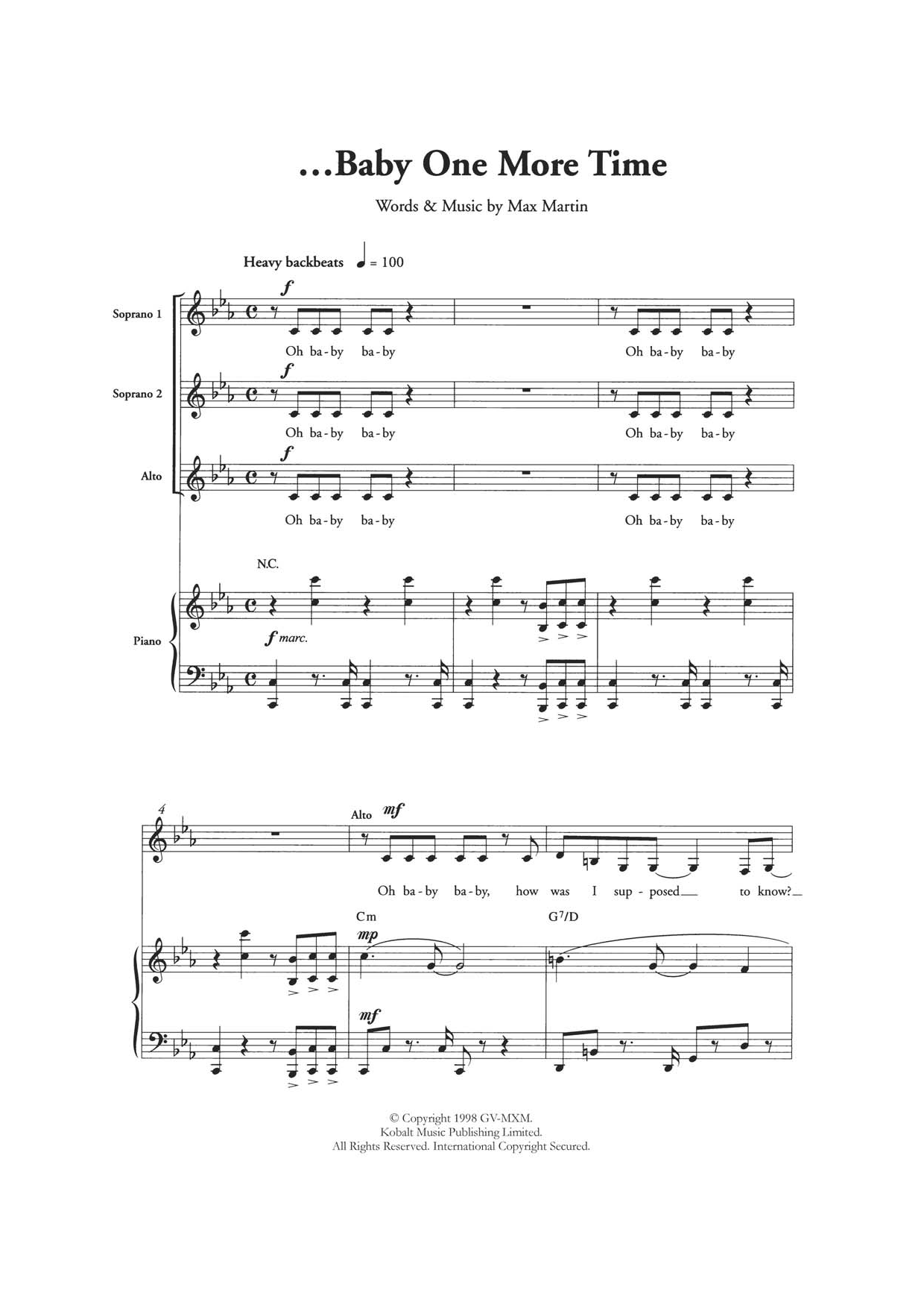 Britney Spears ...Baby One More Time (arr. Berty Rice) Sheet Music Notes & Chords for SSA - Download or Print PDF Britney Spears ...Baby One More Time (arr. Berty Rice) Sheet Music Notes & Chords for SSA - Download or Print PDF