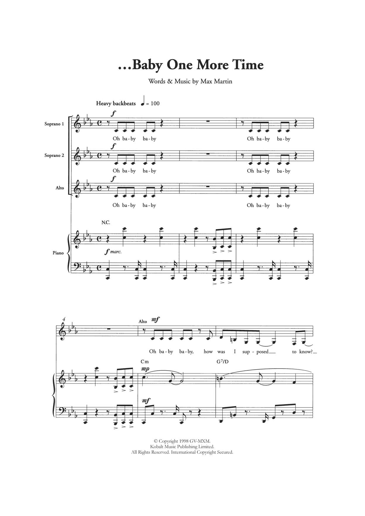 Britney Spears ...Baby One More Time (arr. Berty Rice) Sheet Music Notes & Chords for SSA - Download or Print PDF
