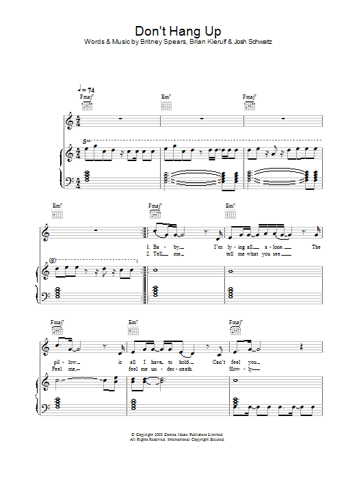 Britney Spears Don't Hang Up Sheet Music Notes & Chords for Piano, Vocal & Guitar - Download or Print PDF