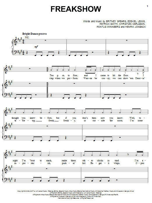 Britney Spears Freakshow Sheet Music Notes & Chords for Piano, Vocal & Guitar (Right-Hand Melody) - Download or Print PDF