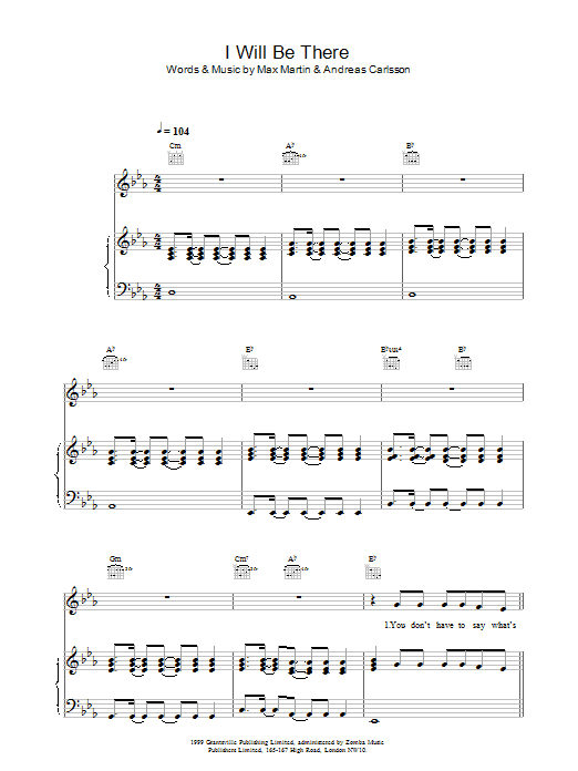 Britney Spears I Will Be There Sheet Music Notes & Chords for Piano, Vocal & Guitar (Right-Hand Melody) - Download or Print PDF