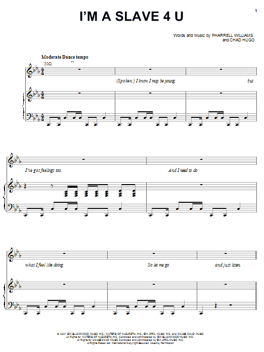 Britney Spears I'm A Slave 4 U sheet music notes and chords. Download Printable PDF.