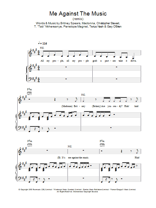 Britney Spears Me Against The Music (remix) Sheet Music Notes & Chords for Piano, Vocal & Guitar (Right-Hand Melody) - Download or Print PDF
