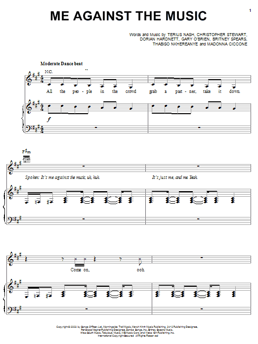 Britney Spears Me Against The Music sheet music notes and chords. Download Printable PDF.