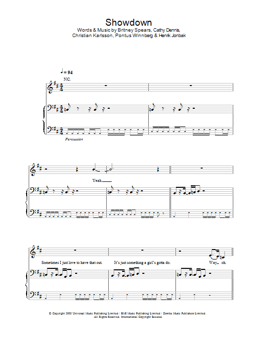 Britney Spears Showdown Sheet Music Notes & Chords for Piano, Vocal & Guitar - Download or Print PDF