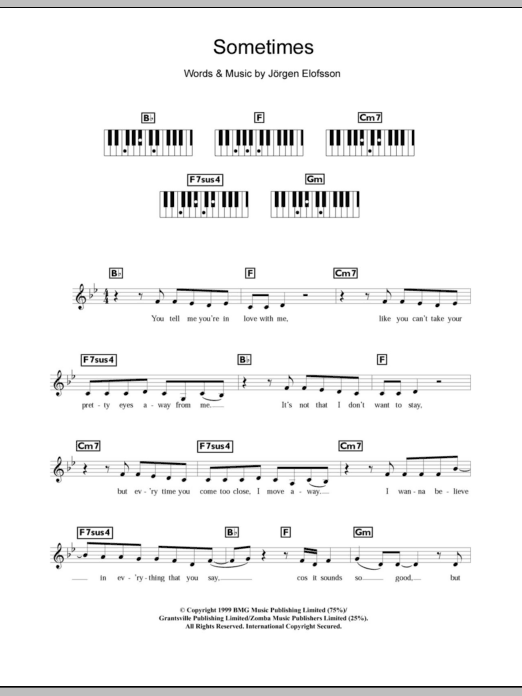 Britney Spears Sometimes Sheet Music Notes & Chords for Piano, Vocal & Guitar (Right-Hand Melody) - Download or Print PDF