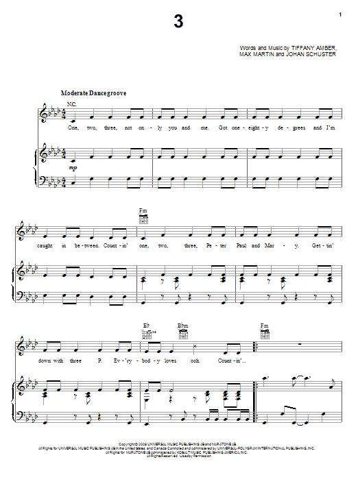 Preview Britney Spears 3 Pop sheet music, notes and chords for Piano, Vocal & Guitar (Right-Hand Melody), SKU: 72982 3 sheet music