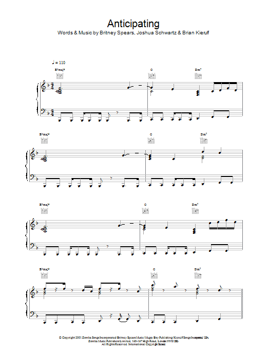 Preview Britney Spears Anticipating Pop sheet music, notes and chords for Piano, Vocal & Guitar, SKU: 19290 Anticipating sheet music