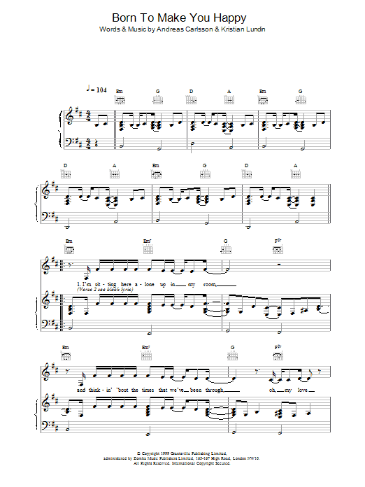 Preview Britney Spears Born To Make You Happy Pop sheet music, notes and chords for Piano, Vocal & Guitar (Right-Hand Melody), SKU: 13638 Born To Make You Happy sheet music