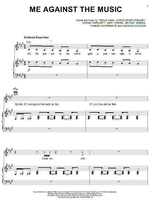 Preview Britney Spears Me Against The Music Pop sheet music, notes and chords for Piano, Vocal & Guitar (Right-Hand Melody), SKU: 25606 Me Against The Music sheet music