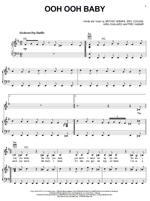 Preview Britney Spears Ooh Ooh Baby Pop sheet music, notes and chords for Piano, Vocal & Guitar (Right-Hand Melody), SKU: 64202 Ooh Ooh Baby sheet music