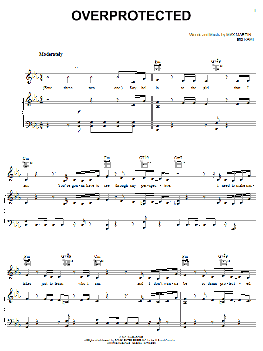 Preview Britney Spears Overprotected Pop sheet music, notes and chords for Piano, Vocal & Guitar, SKU: 19287 sheet music, piano notes, chords, guitar tabs, score, transpose, transcribe, how to play, guide, download, learn, tutorial, progression, song, artist, awards, billboard, mtv, vh1, tour, single, album, release