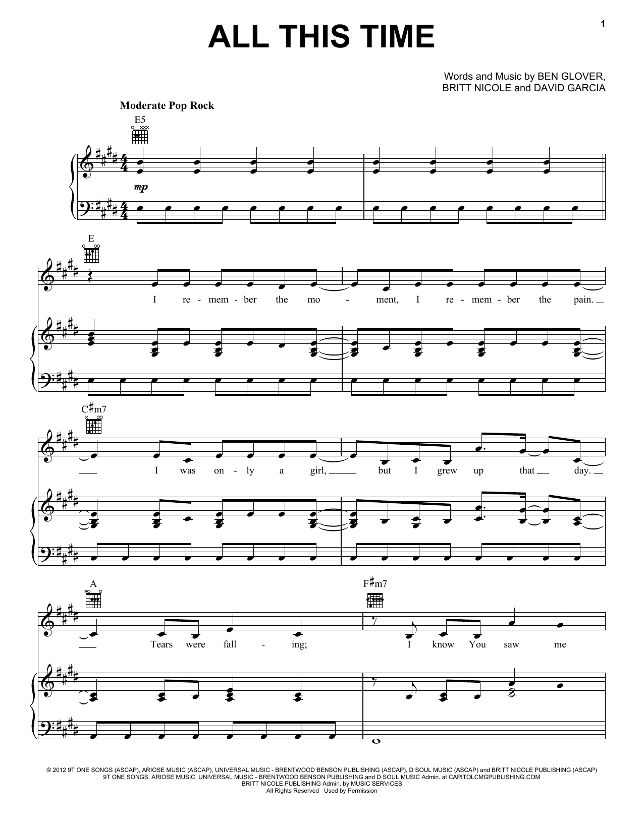 Britt Nicole All This Time Sheet Music Notes & Chords for Piano, Vocal & Guitar (Right-Hand Melody) - Download or Print PDF