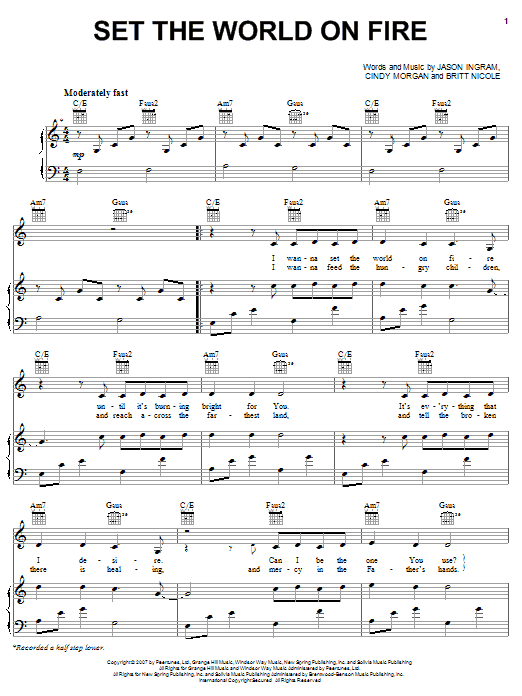 Britt Nicole Set The World On Fire Sheet Music Notes & Chords for Piano, Vocal & Guitar (Right-Hand Melody) - Download or Print PDF