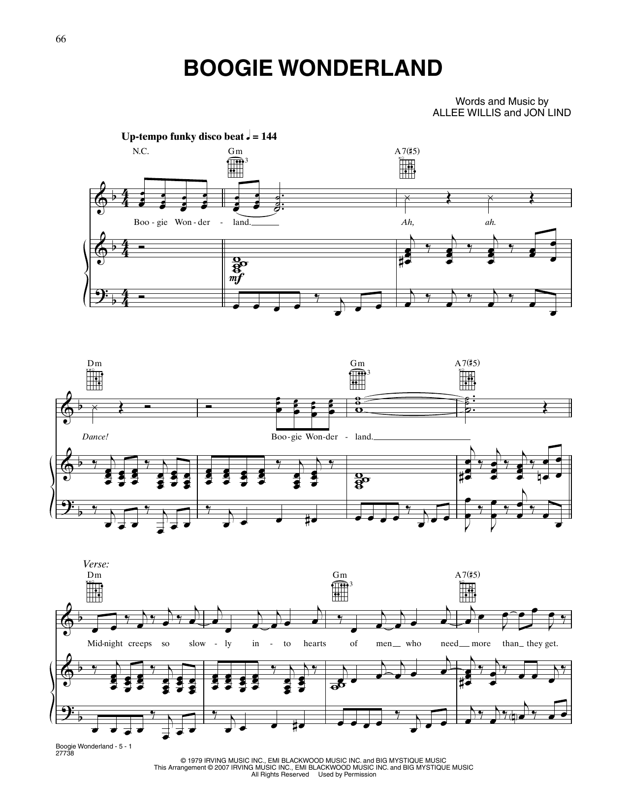 Earth, Wind & Fire Boogie Wonderland Sheet Music Notes & Chords for Piano, Vocal & Guitar Chords (Right-Hand Melody) - Download or Print PDF