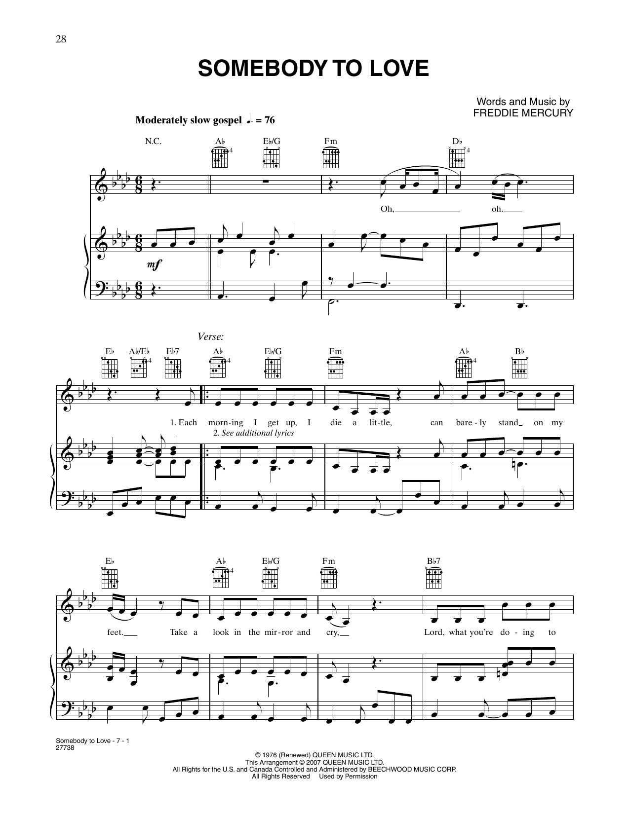Queen Somebody To Love Sheet Music Notes & Chords for Piano, Vocal & Guitar Chords (Right-Hand Melody) - Download or Print PDF