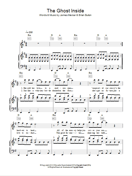 Broken Bells The Ghost Inside Sheet Music Notes & Chords for Piano, Vocal & Guitar (Right-Hand Melody) - Download or Print PDF